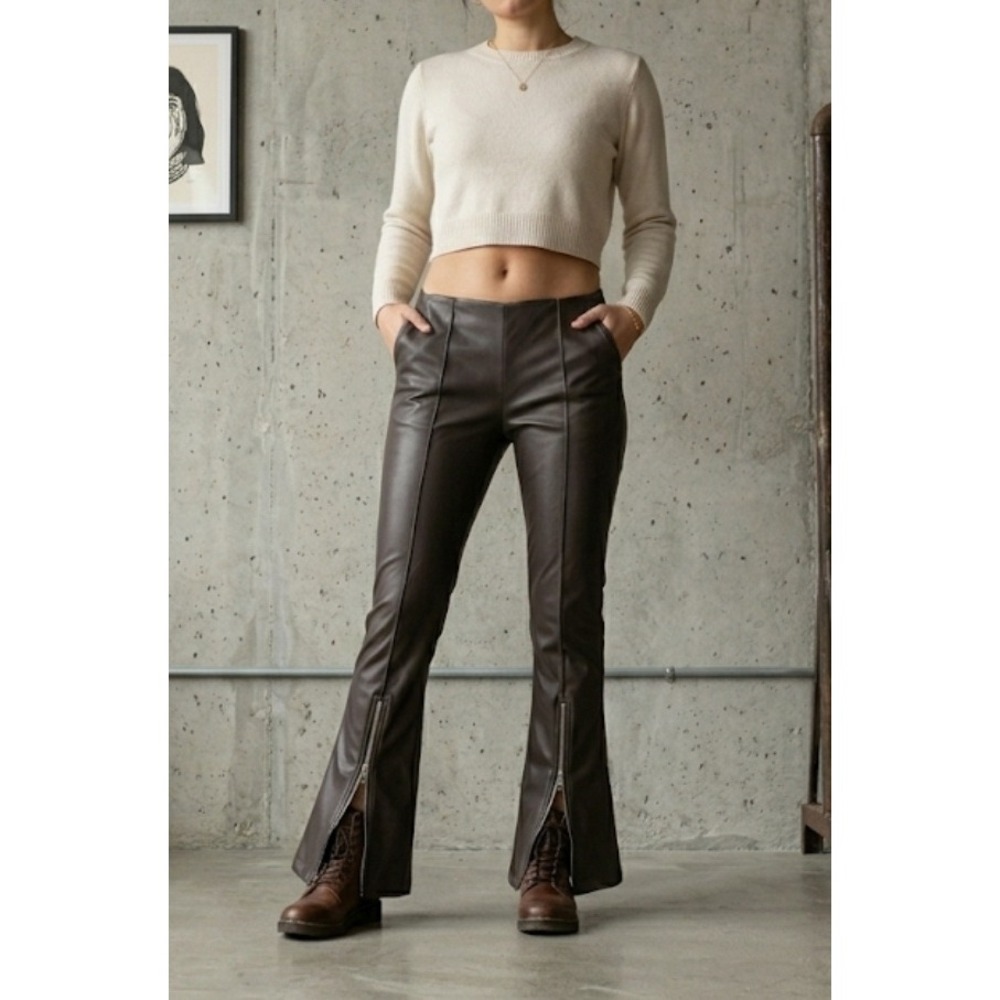 Y2K‎ Retro Chocolate Brown Faux Leather Flare Pants Biker Moto Clubwear Size L